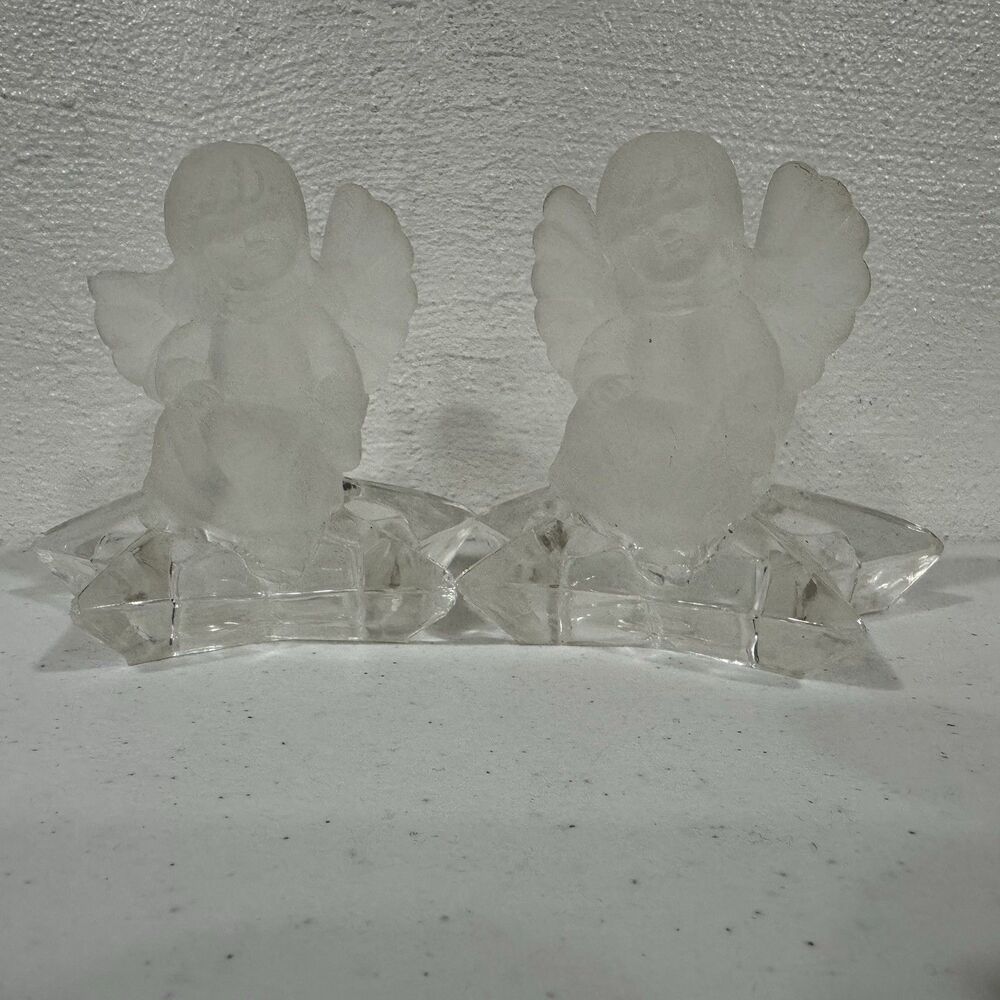 Goebel Frosted Clear Glass Angel Baby Star Candle Holder Pair